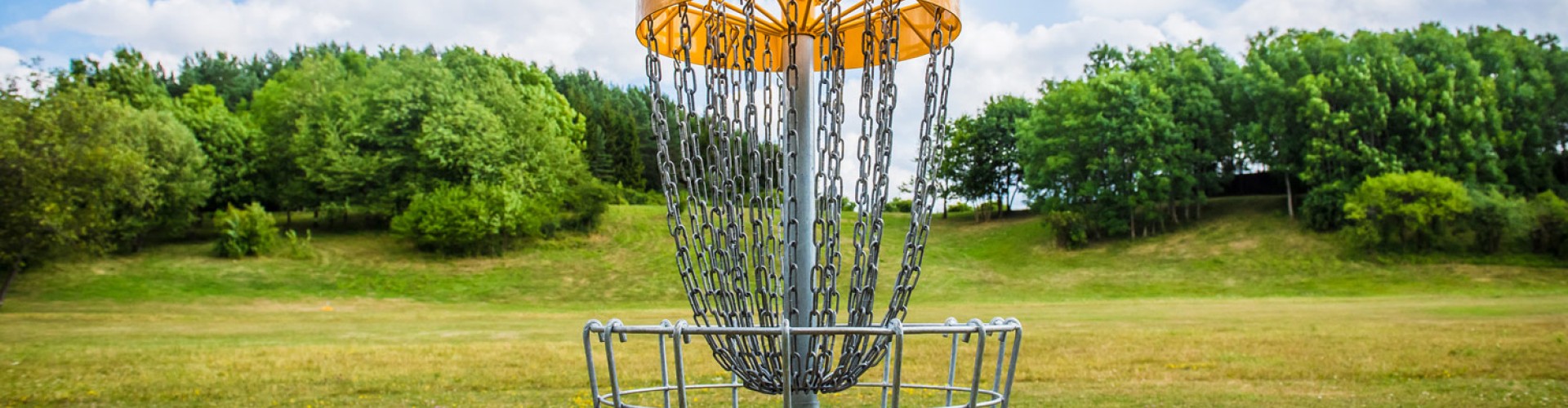 Disc golf basket in the park