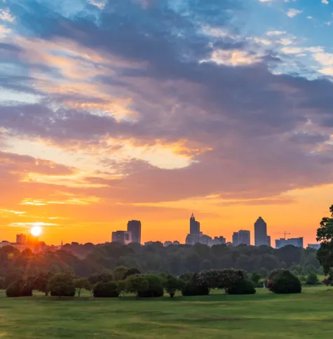 Cityscape sunset over the park