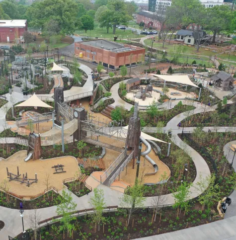 Gipson Play Plaza aerial view April 2025