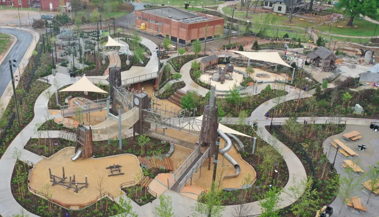 Gipson Play Plaza aerial view April 2025