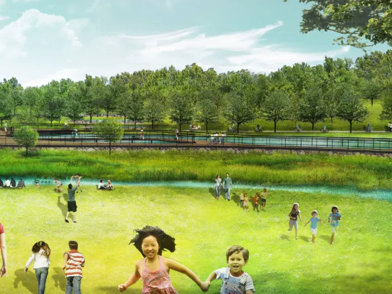 Rocky Branch Restoration project rendering of Creek & Grove area