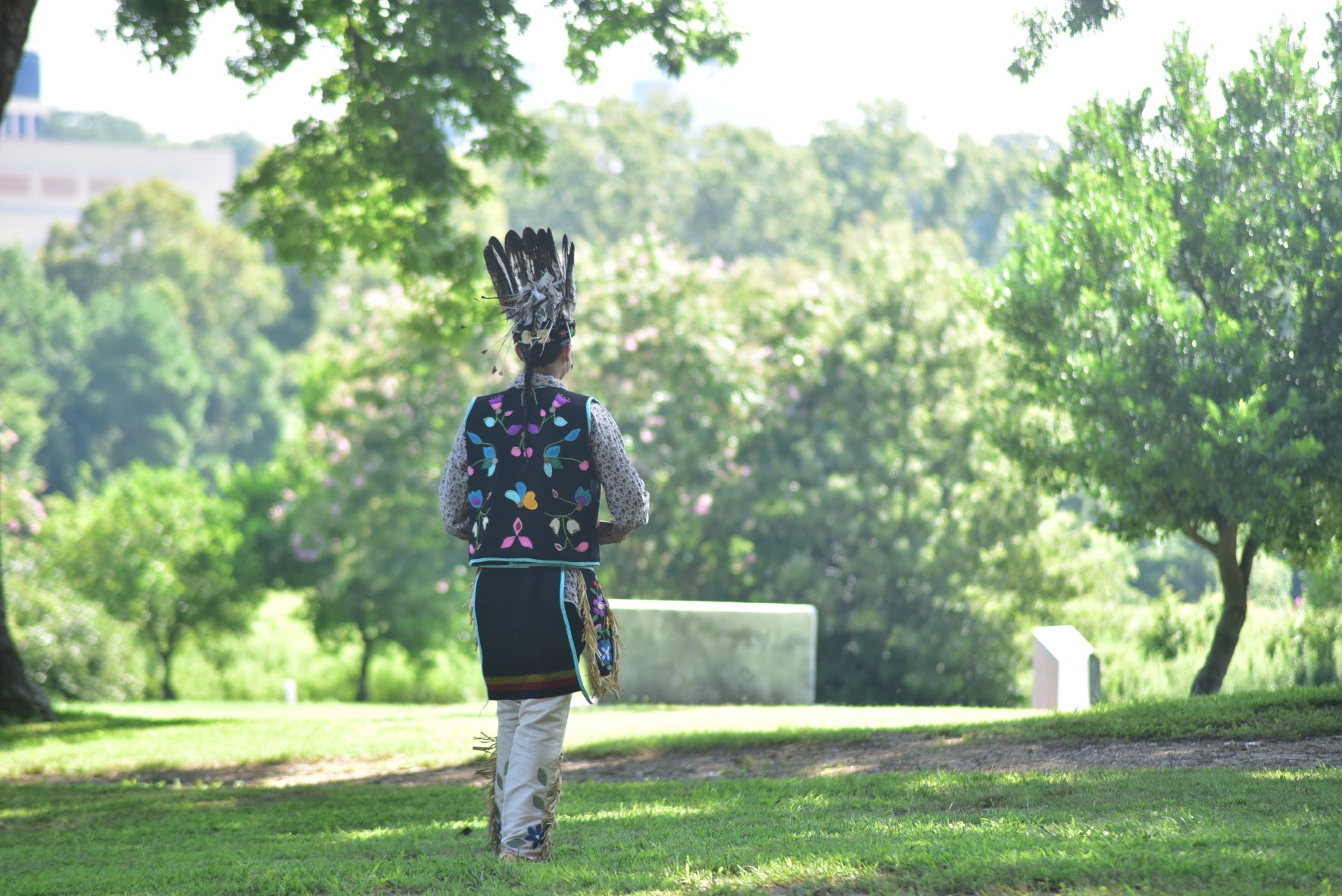 Kaya Littleturtle of the Lumbee Tribe  at a Native American land blessing at Dix Park 2020